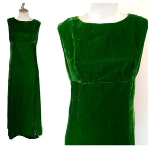 Vintage '60s Green Velvet Sleeveless Empire Waist Maxi Dress Christmas Formal